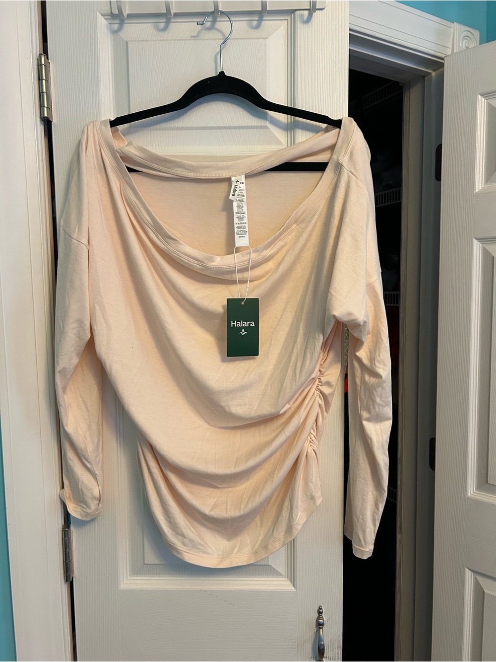 HALARA Soft Blush Long Sleeve Draped Top with Side Ruching